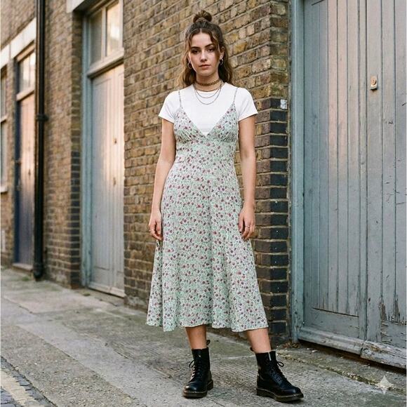 Bisouxx Dresses & Skirts - Bisouxx Mint Green Floral V-Neck Midi Dress 90’s Romantic Grunge- size M